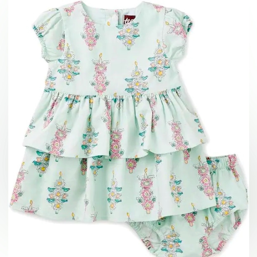 Tea Collection Puff Sleeve Linen Blend Baby Dress Set 2T, like new condition